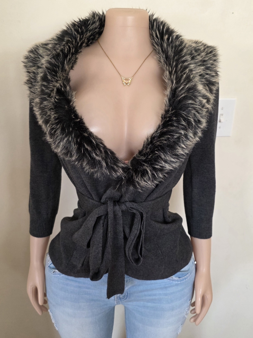 The Limited Charcoal Gray Fur Trim Wrap Sweater